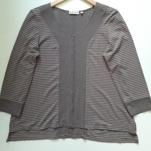 Habitat Striped Scoop Neck 3/4 Sleeve Knit Top Taupe Brown Gray Size M - Picture 1 of 11